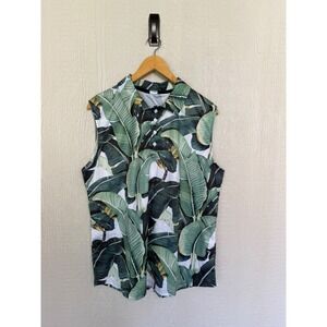 Tropical Banana Leaf Print Sleeveless Polo Shirt Green White Floral XL